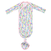 Floral baby knotted gown with pink trim and snaps