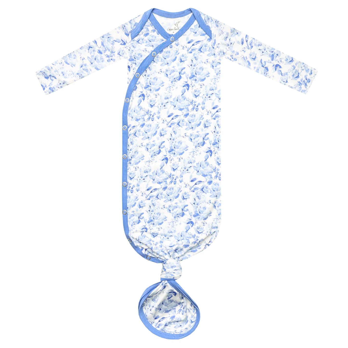 A baby long-sleeve sleep sack with a blue and white floral pattern, featuring blue trim and a matching tie-on bootie at the bottom, displayed on a solid white background.