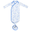 A baby long-sleeve sleep sack with a blue and white floral pattern, featuring blue trim and a matching tie-on bootie at the bottom, displayed on a solid white background.