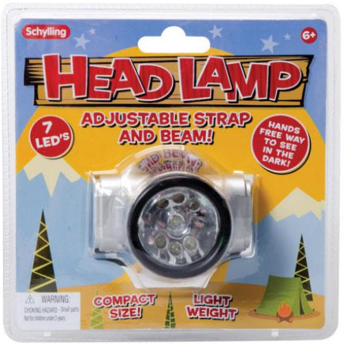 Schylling headlamp packaging with LED features and adjustable strap on a blue and yellow background.