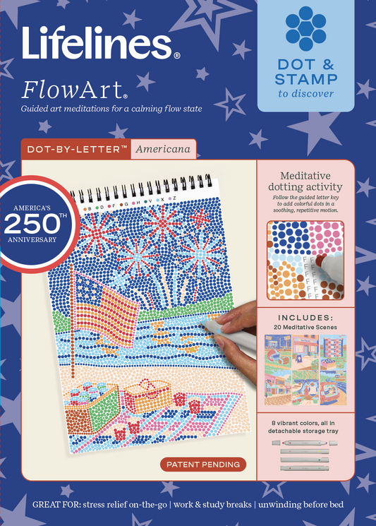 Lifelines FlowArt Dot & Stamp book with Americana design on a blue background