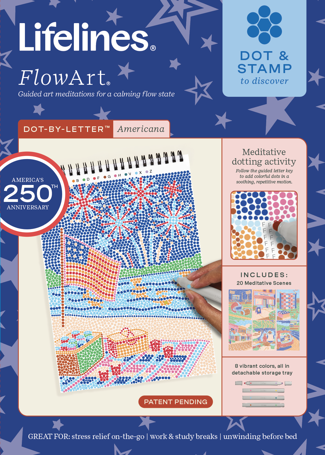 Lifelines FlowArt Dot & Stamp book with Americana design on a blue background