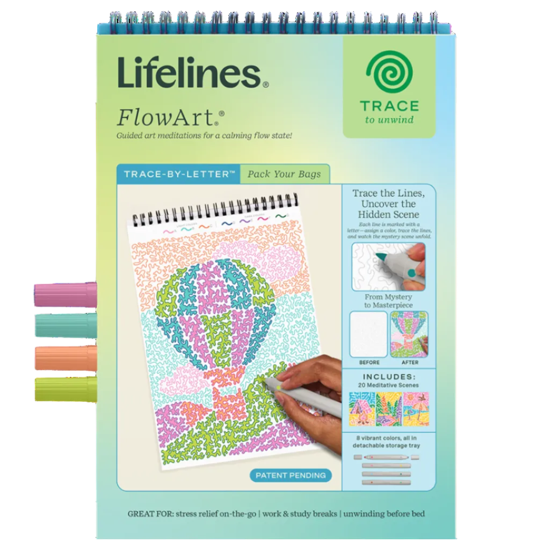 Lifelines FlowArt coloring book with colorful design and text on a white background