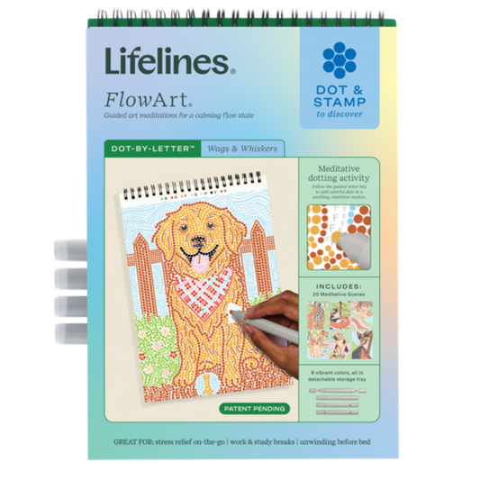 Lifelines FlowArt Dot & Stamp coloring book with a dog illustration on a white background