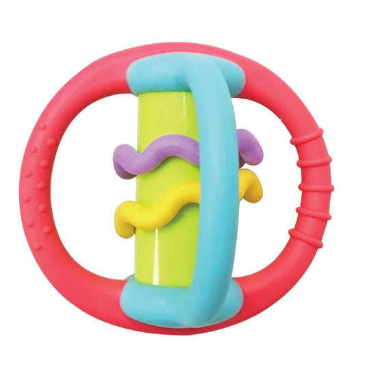 Colorful baby teething ring with pink frame on a white background