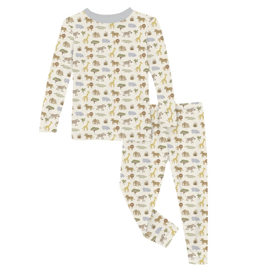 Children's pajama set with animal pattern on a white background