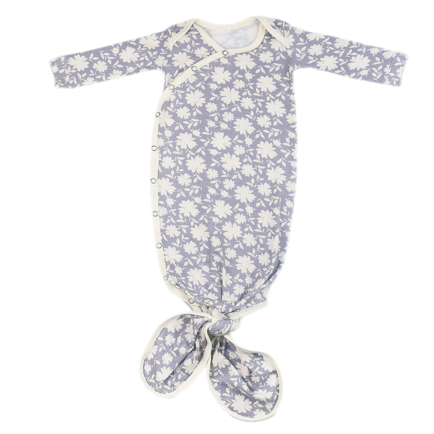 Lavender floral baby knotted gown with white trim