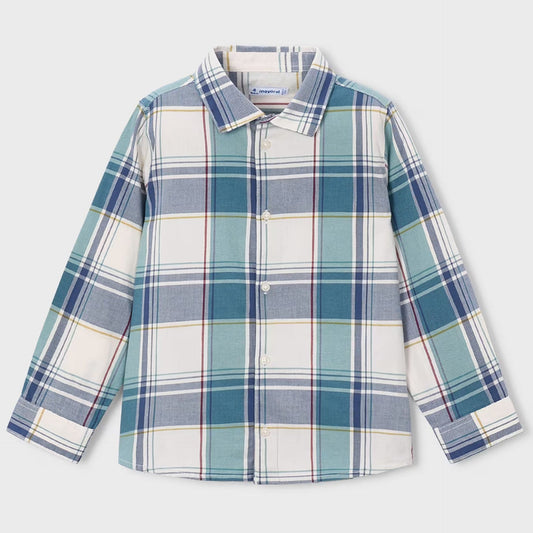 A long-sleeve plaid button-up shirt for kids, featuring a pattern of blue, teal, gray, and white intersecting stripes.