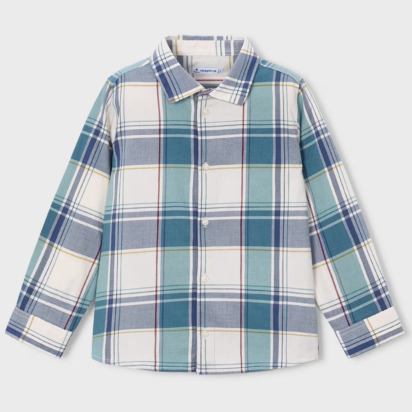 A long-sleeve plaid button-up shirt for kids, featuring a pattern of blue, teal, gray, and white intersecting stripes.