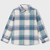 A long-sleeve plaid button-up shirt for kids, featuring a pattern of blue, teal, gray, and white intersecting stripes.