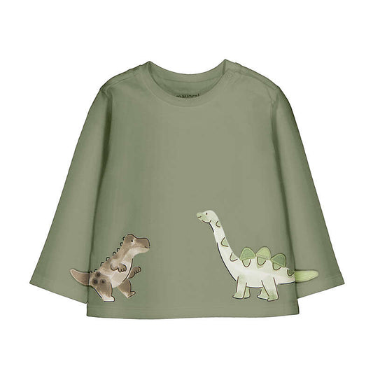 Green long sleeve shirt with dinosaurs applique
