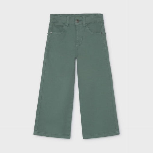 A pair of wide-leg cropped pants in a muted sage green color, displayed flat against a light gray background.