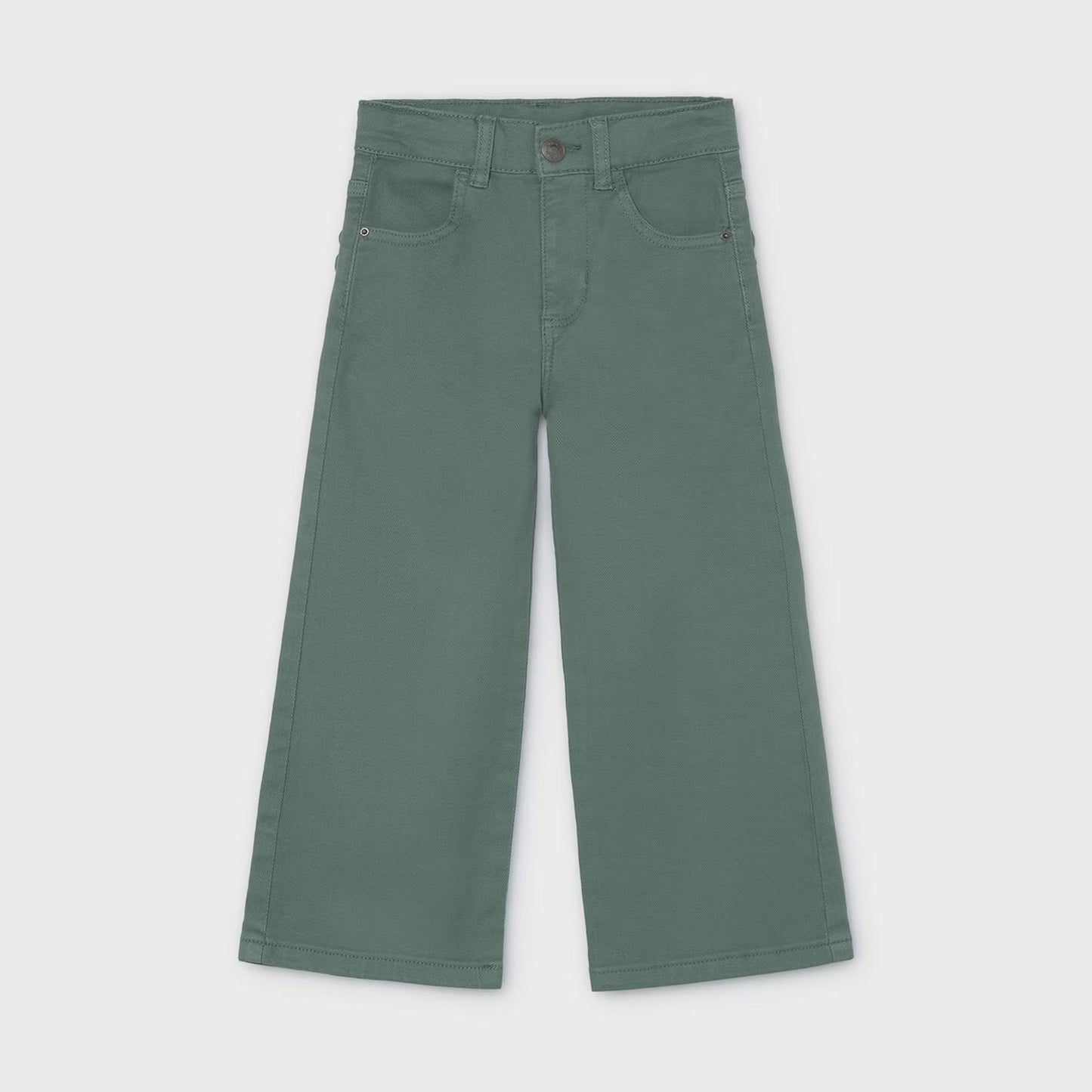 A pair of wide-leg cropped pants in a muted sage green color, displayed flat against a light gray background.