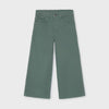 A pair of wide-leg cropped pants in a muted sage green color, displayed flat against a light gray background.