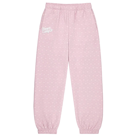 Lilac sweatpants with a logo on a white background