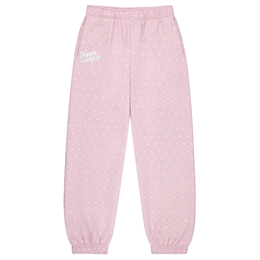 Lilac sweatpants with a logo on a white background