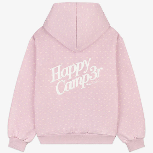 Lilac hoodie with 'Happy Camper' text on the back 