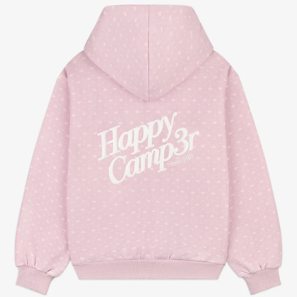 Lilac hoodie with 'Happy Camper' text on the back 