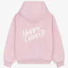 Lilac hoodie with 'Happy Camper' text on the back 