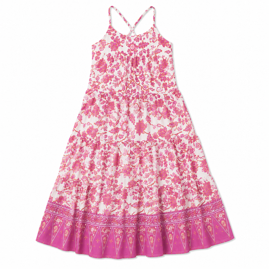 Pink floral dress with a white background