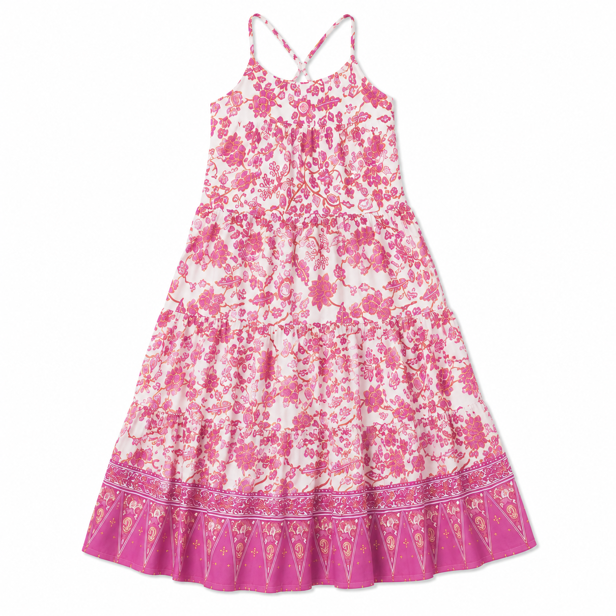 Pink floral dress with a white background