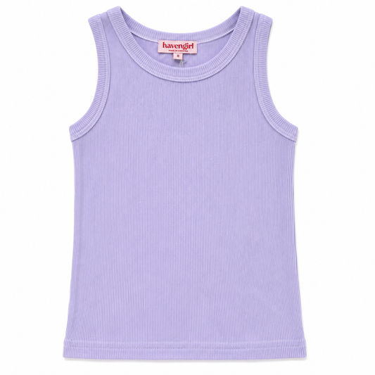 Purple tank top with 'HavenGirl' branding on a white background