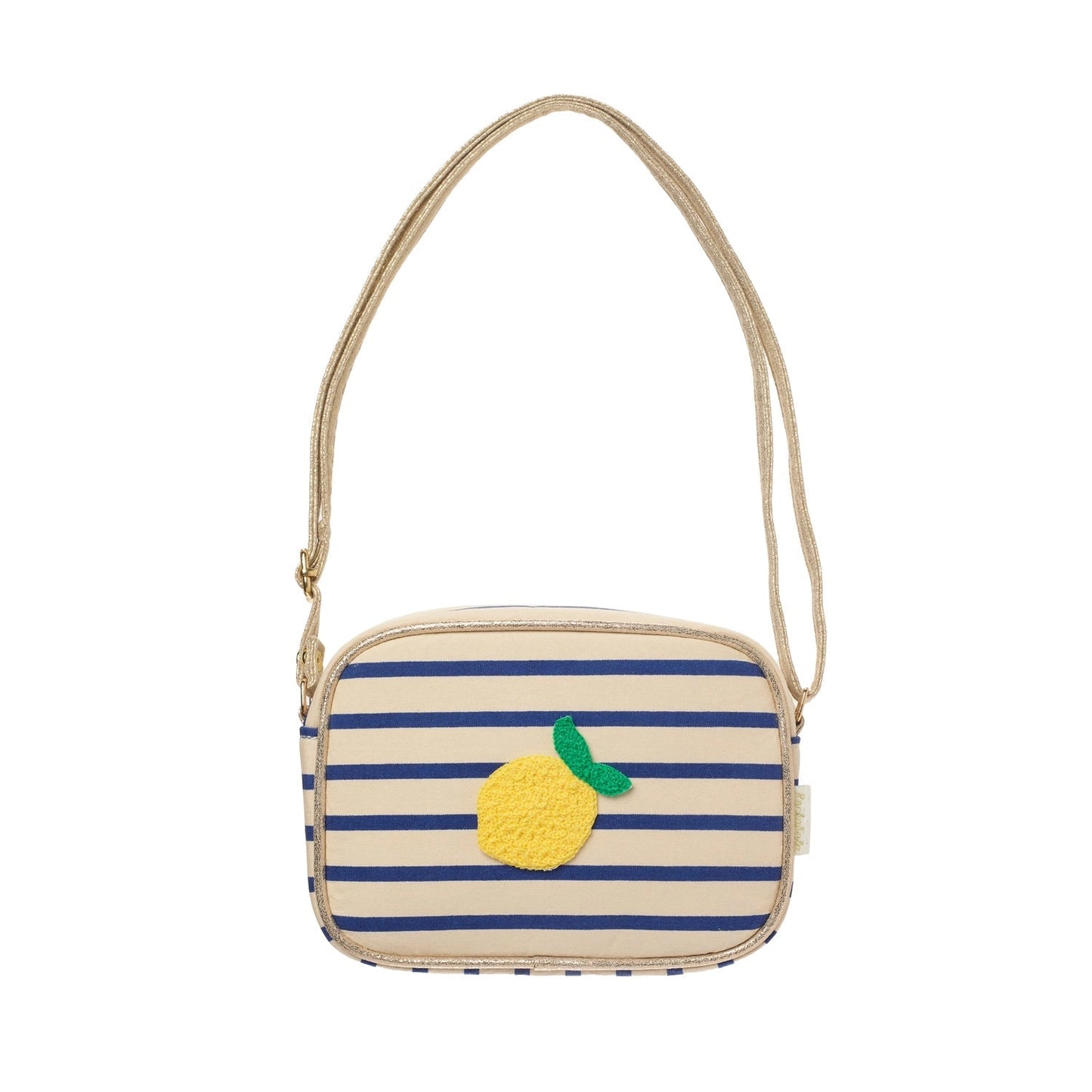 Striped bag with a lemon applique on a white background