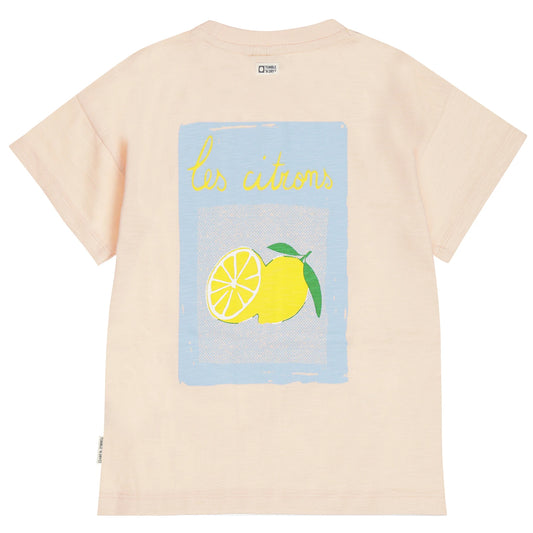 Pink t-shirt with lemon graphic and text 