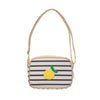 Striped bag with a lemon applique on a white background