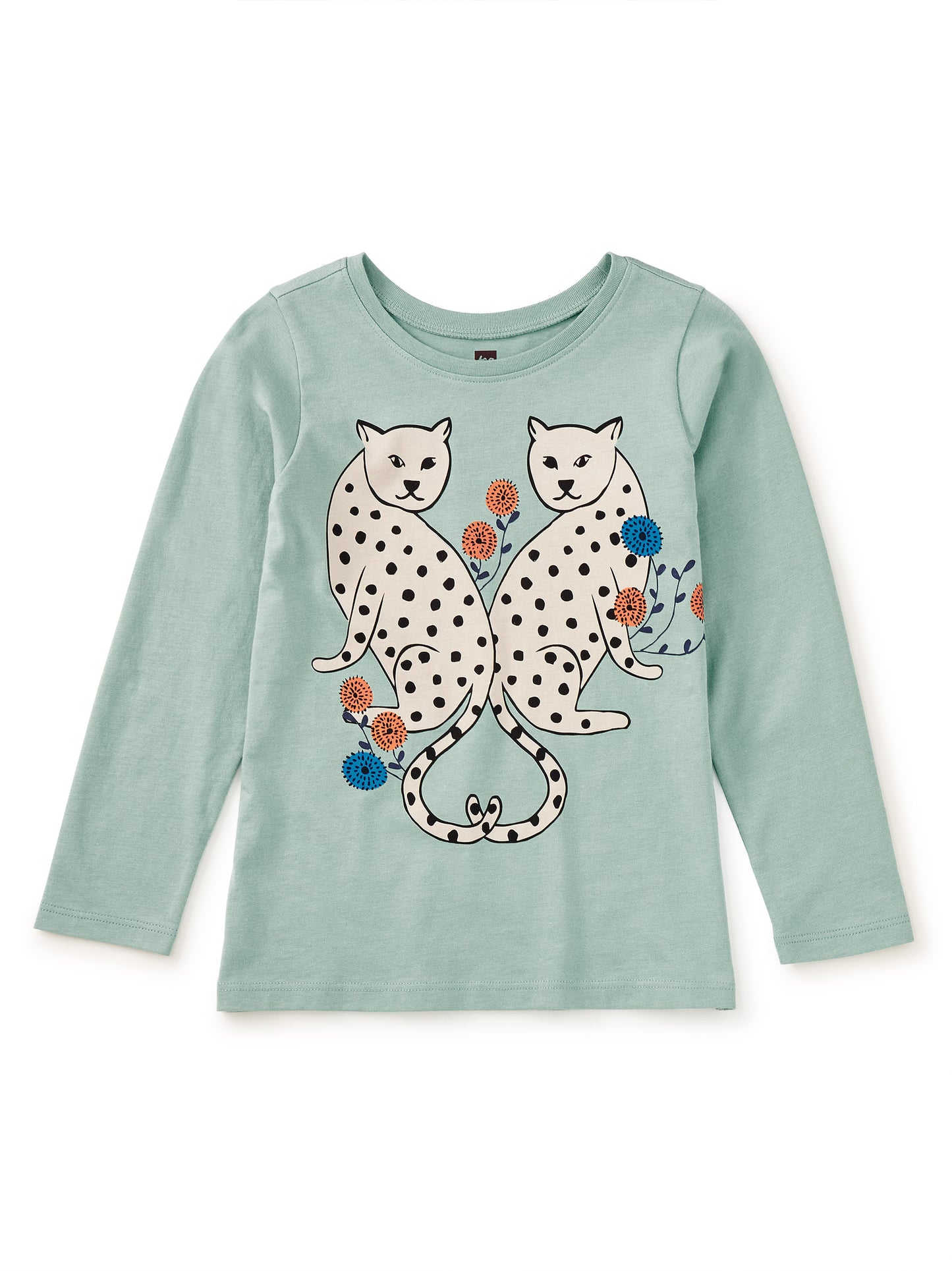 Light blue long-sleeve shirt with cheetah design on a white background