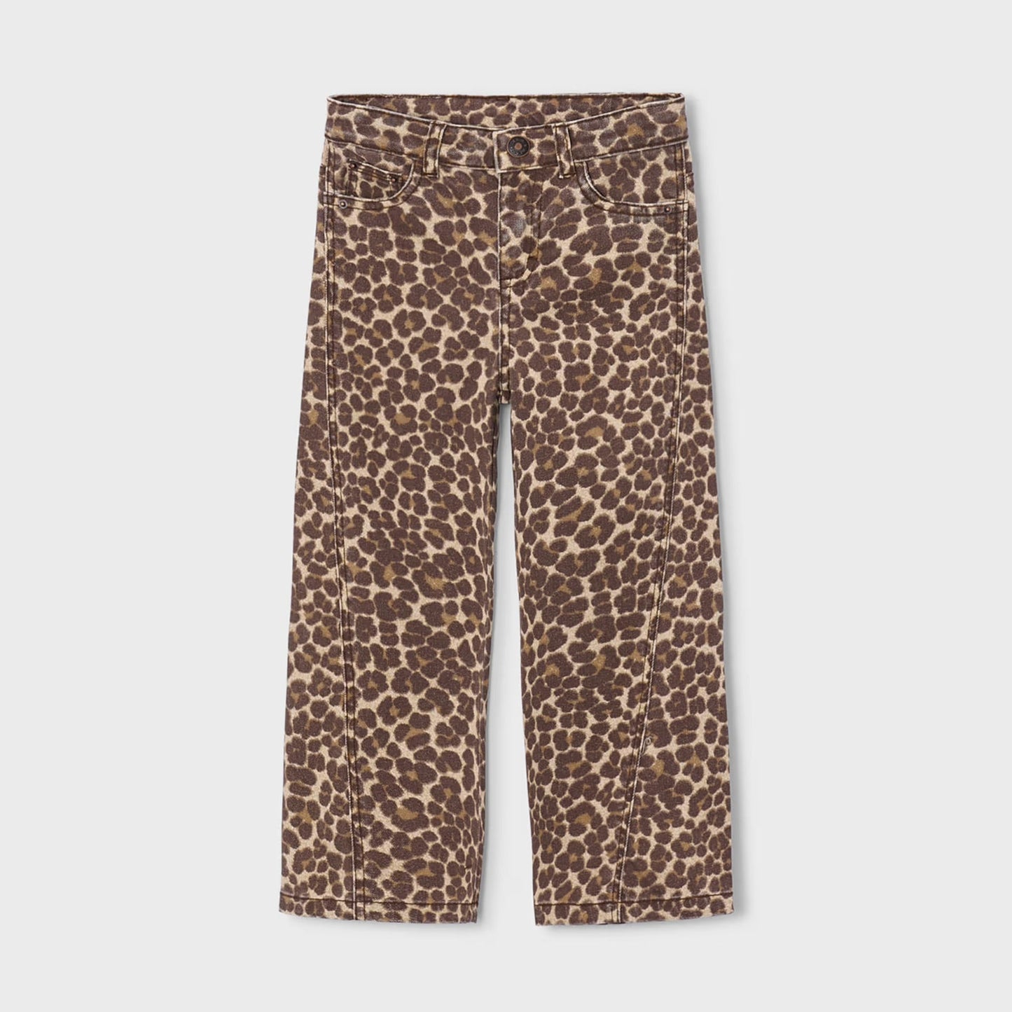 Leopard print pants on a light gray background