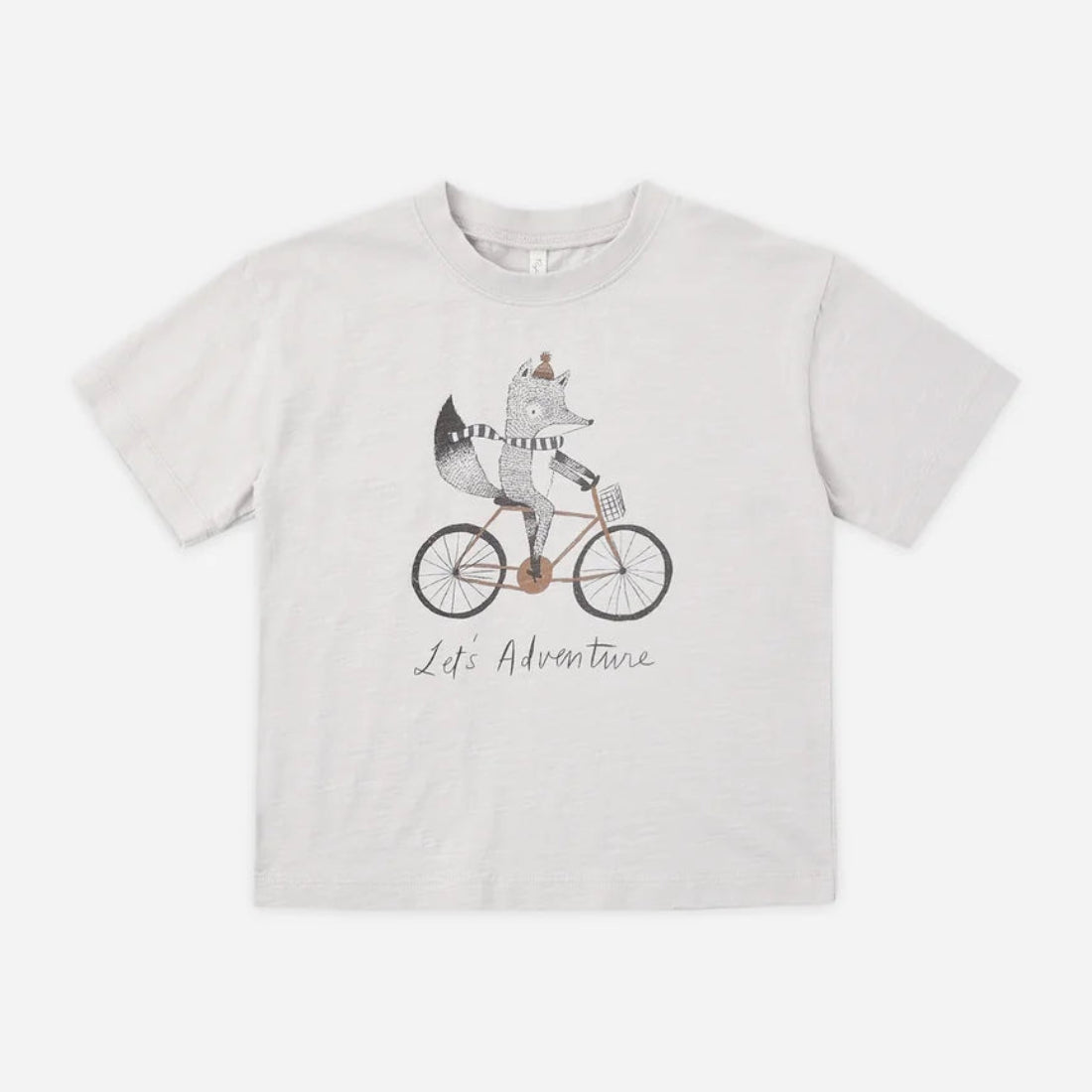 A light gray heathered short-sleeve t-shirt featuring a cartoon graphic of a fox riding a bicycle with the text 'Life Adventure' printed below, displayed flat against a light gray background.