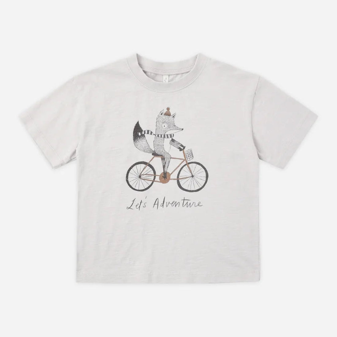 A light gray heathered short-sleeve t-shirt featuring a cartoon graphic of a fox riding a bicycle with the text 'Life Adventure' printed below, displayed flat against a light gray background.