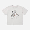 A light gray heathered short-sleeve t-shirt featuring a cartoon graphic of a fox riding a bicycle with the text 'Life Adventure' printed below, displayed flat against a light gray background.