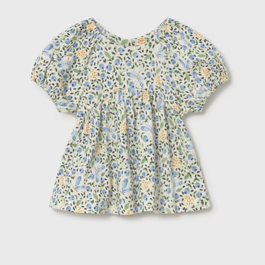 Butterfly floral printed loose top with puff sleeves