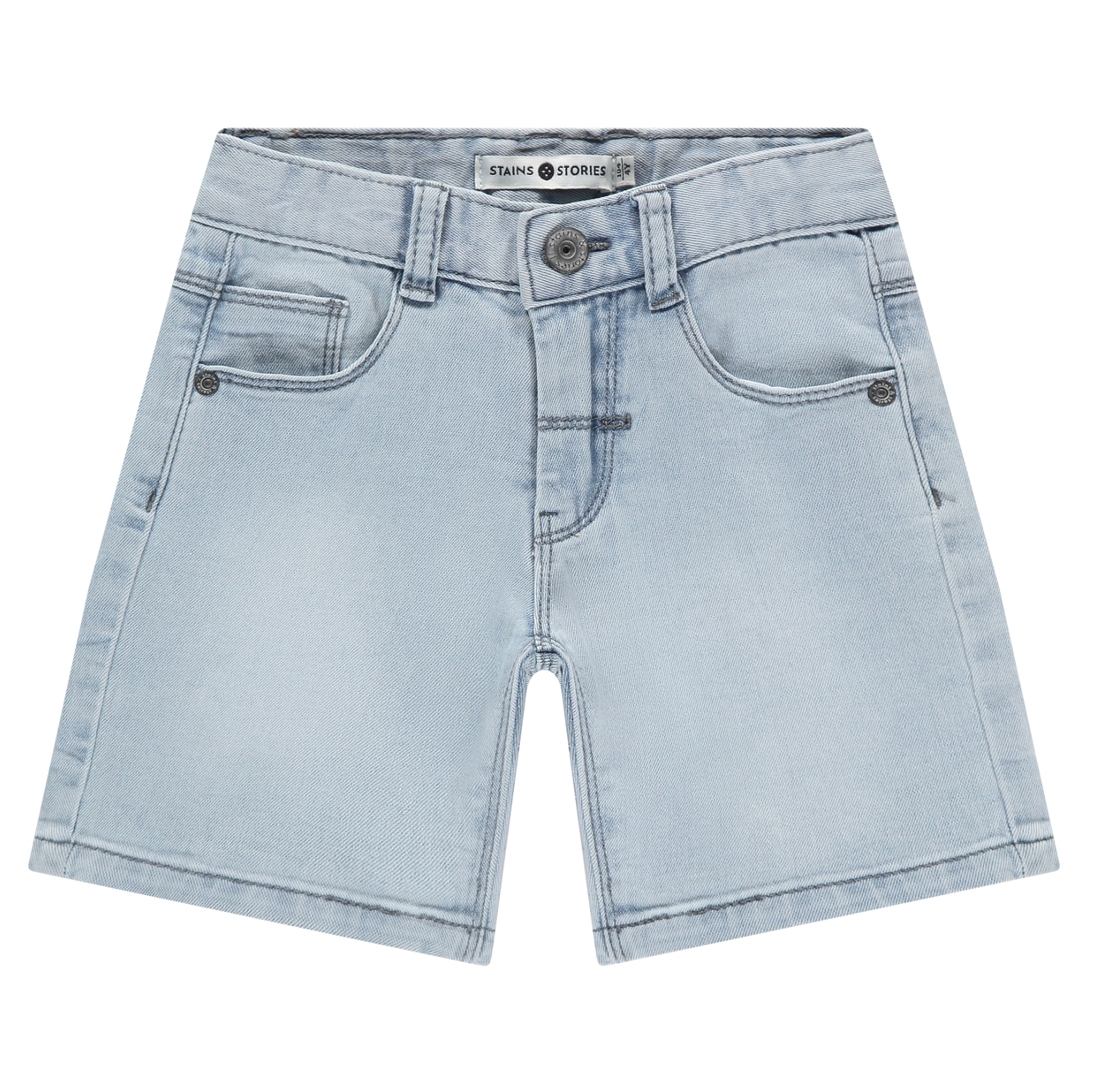 Light blue denim shorts with zip fly