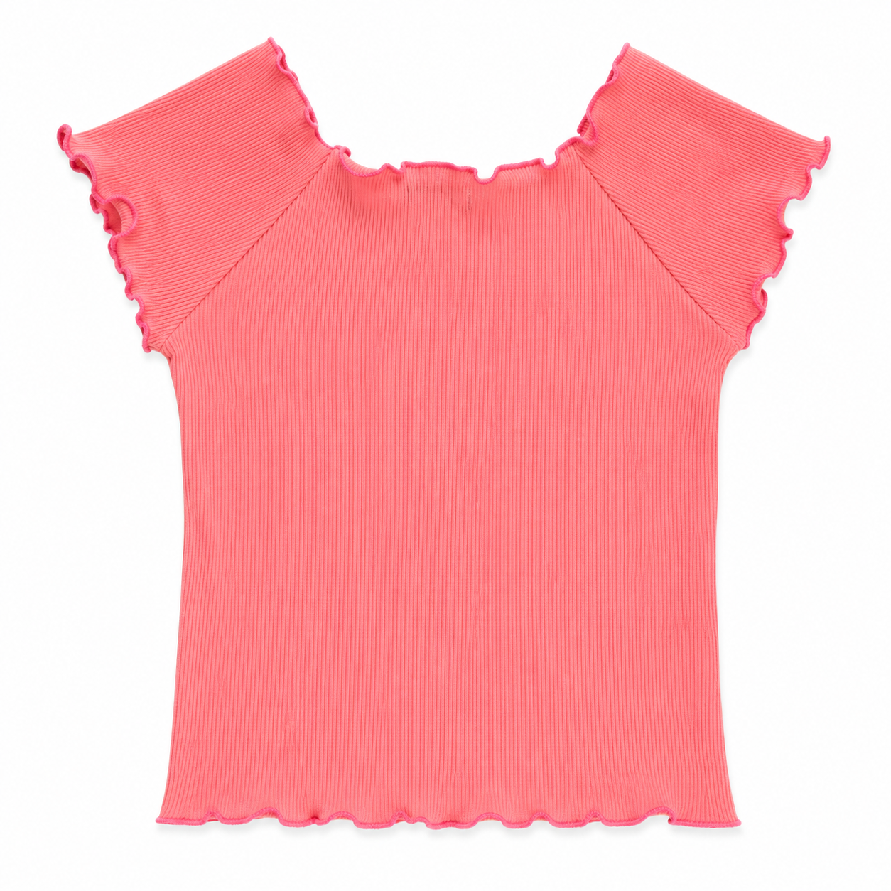 Coral ribbed top with ruffled shoulders on a white background