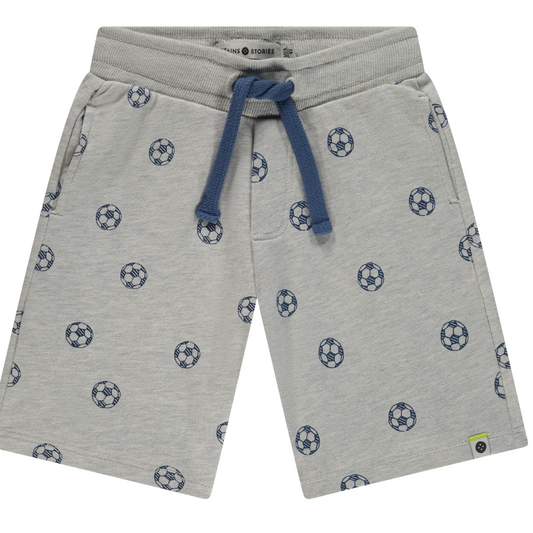Gray shorts with soccer ball pattern and blue drawstring on a white background