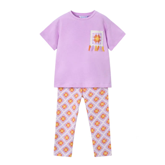 lilac short sleeve top with crochet detail pocket and tile patterned leggings to match