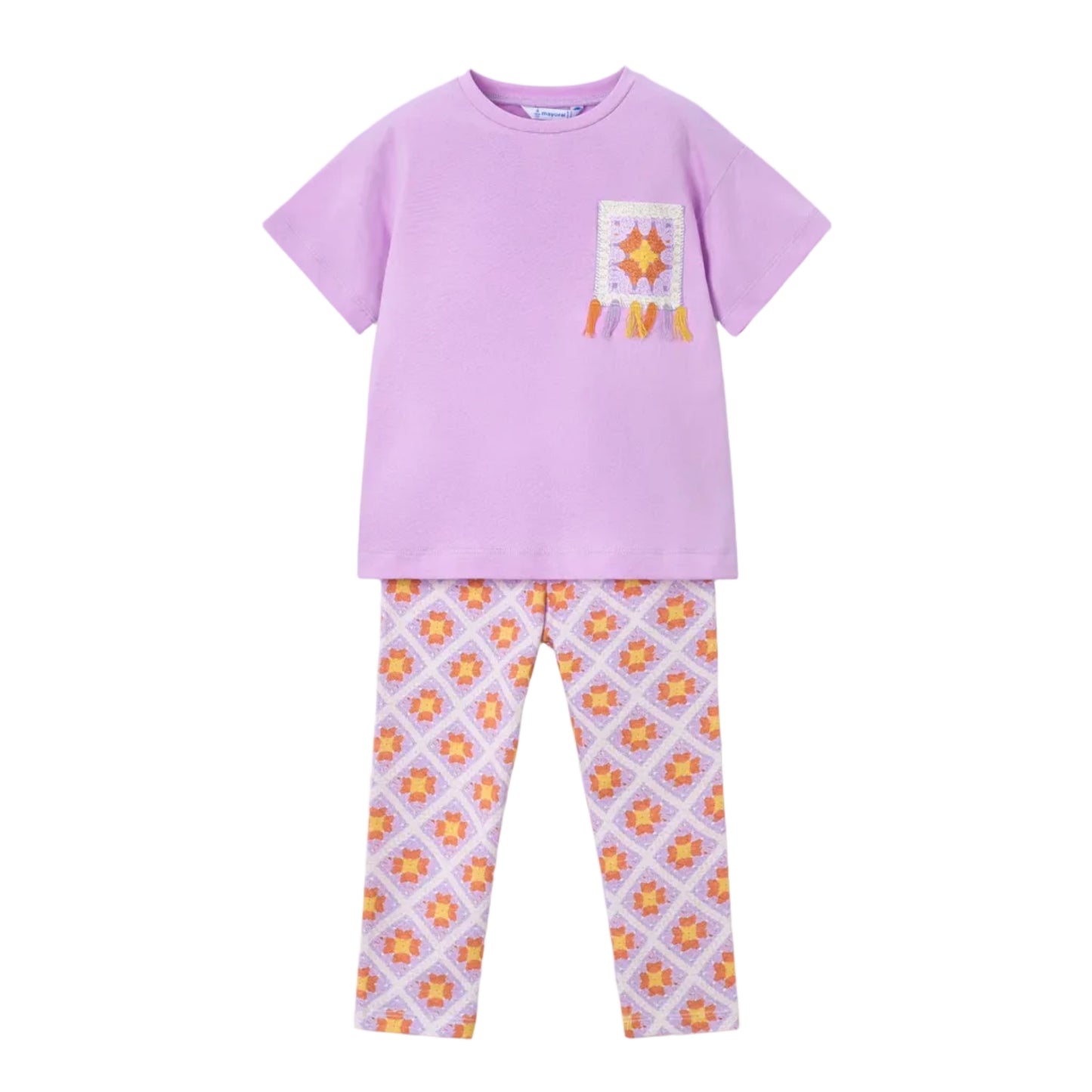 lilac short sleeve top with crochet detail pocket and tile patterned leggings to match