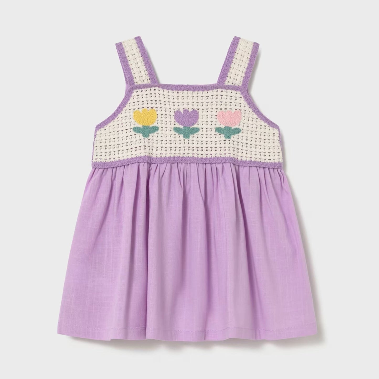lilac tank dress with embroidered flowers across the front