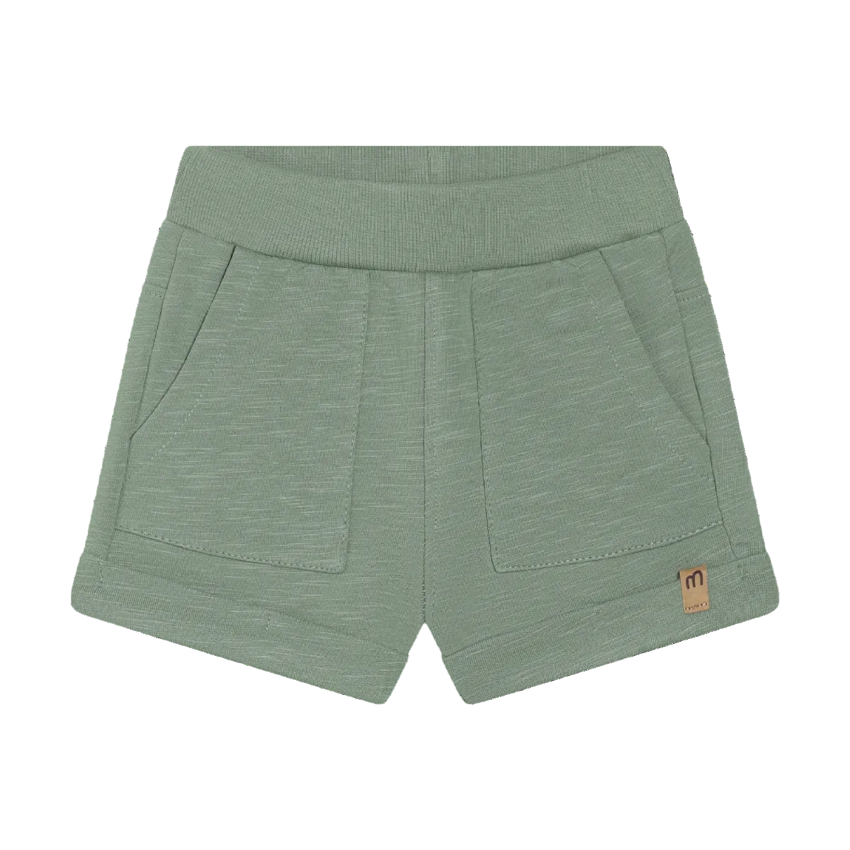 Green shorts with a small logo on a white background