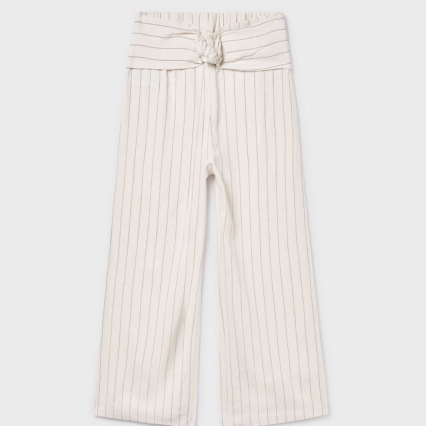 White ribbed pants with a belt on a white background