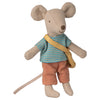Stuffed toy mouse wearing a striped shirt and orange pants on a white background