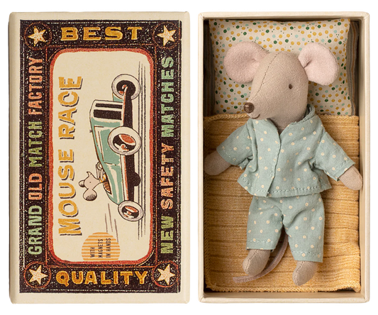 Stuffed mouse toy in a matchbox with a vintage-style matchbox design.