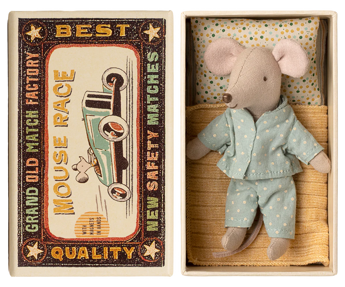 Stuffed mouse toy in a matchbox with a vintage-style matchbox design.