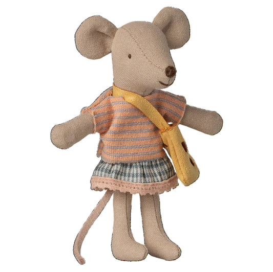 Stuffed mouse toy wearing a striped dress and yellow bag on a white background