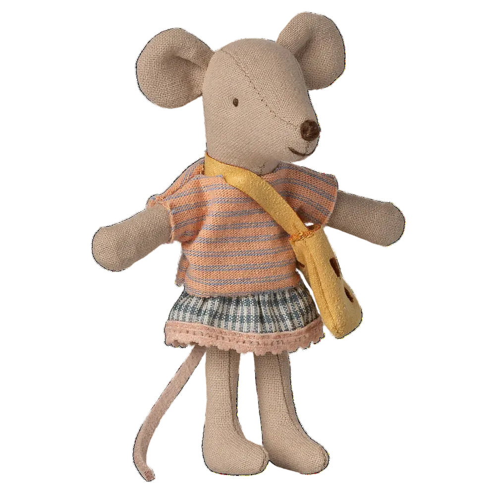 Stuffed mouse toy wearing a striped dress and yellow bag on a white background