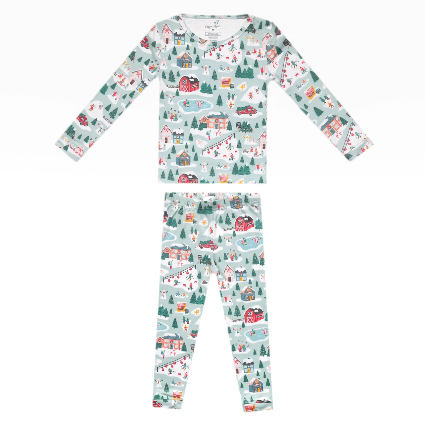 Children's pajama set with a forest pattern on a white background