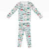 Children's pajama set with a forest pattern on a white background